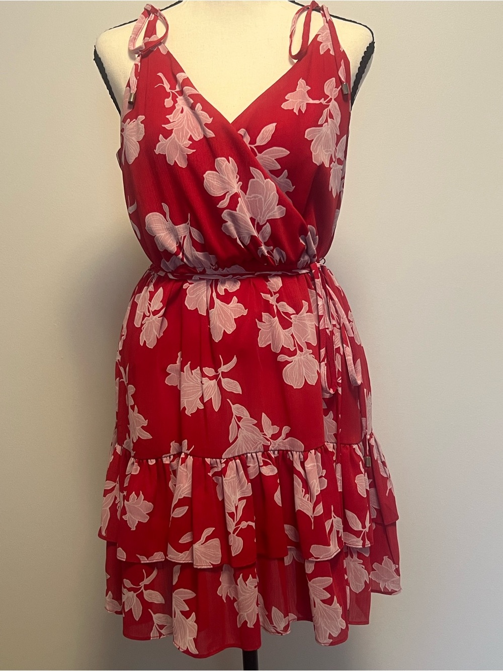 Red Floral Tie-Shoulder Mini Dress with Ruffle Skirt